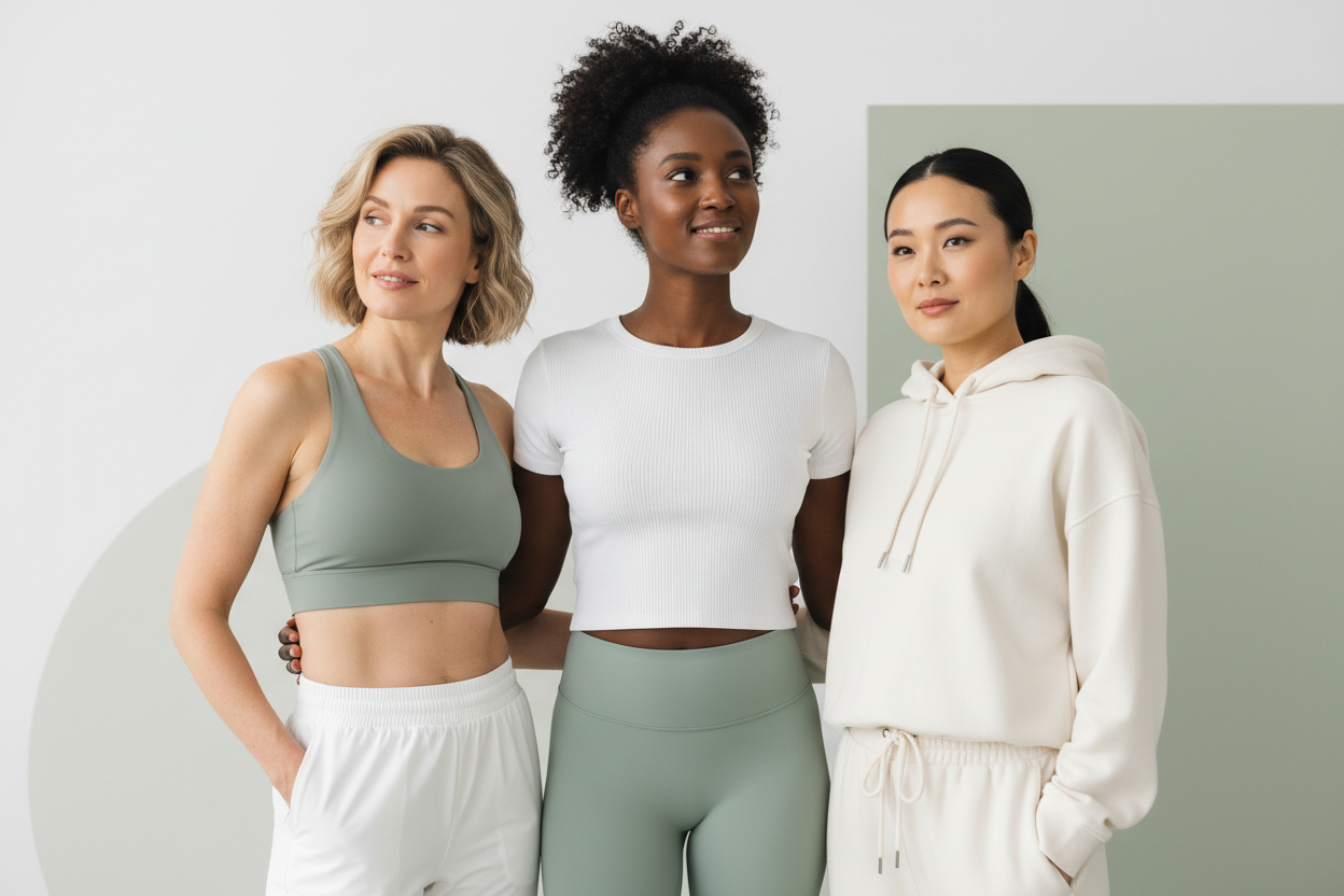 3 women  -  white, black, asian, realistic image, high editorial feel, white and sage green studio background, workout gear or casual gear, faces looking in different directions, happy or content faces, over 42, not spaced to wide