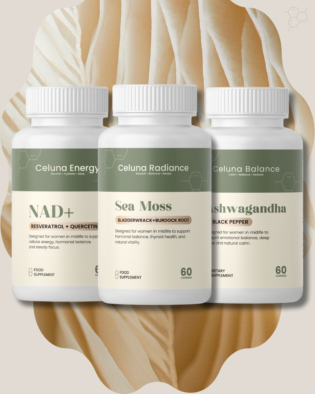 NAD+, Sea Moss and Ashwagandha supplement bundle for women over 40. 