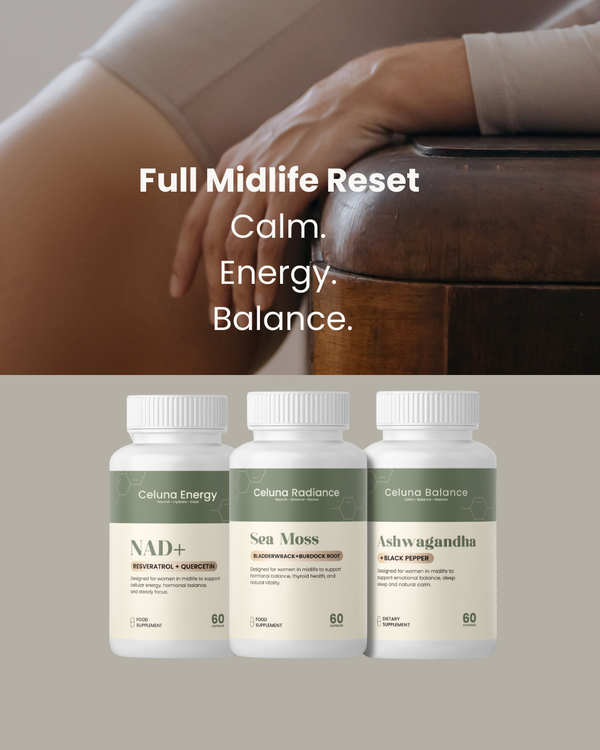 Three supplement bottles labeled 'NAD+ with Resveratrol & Quercetin ', 'Sea Moss', and 'Ashwagandha' with text about a 'Full Midlife Reset' on a neutral background.