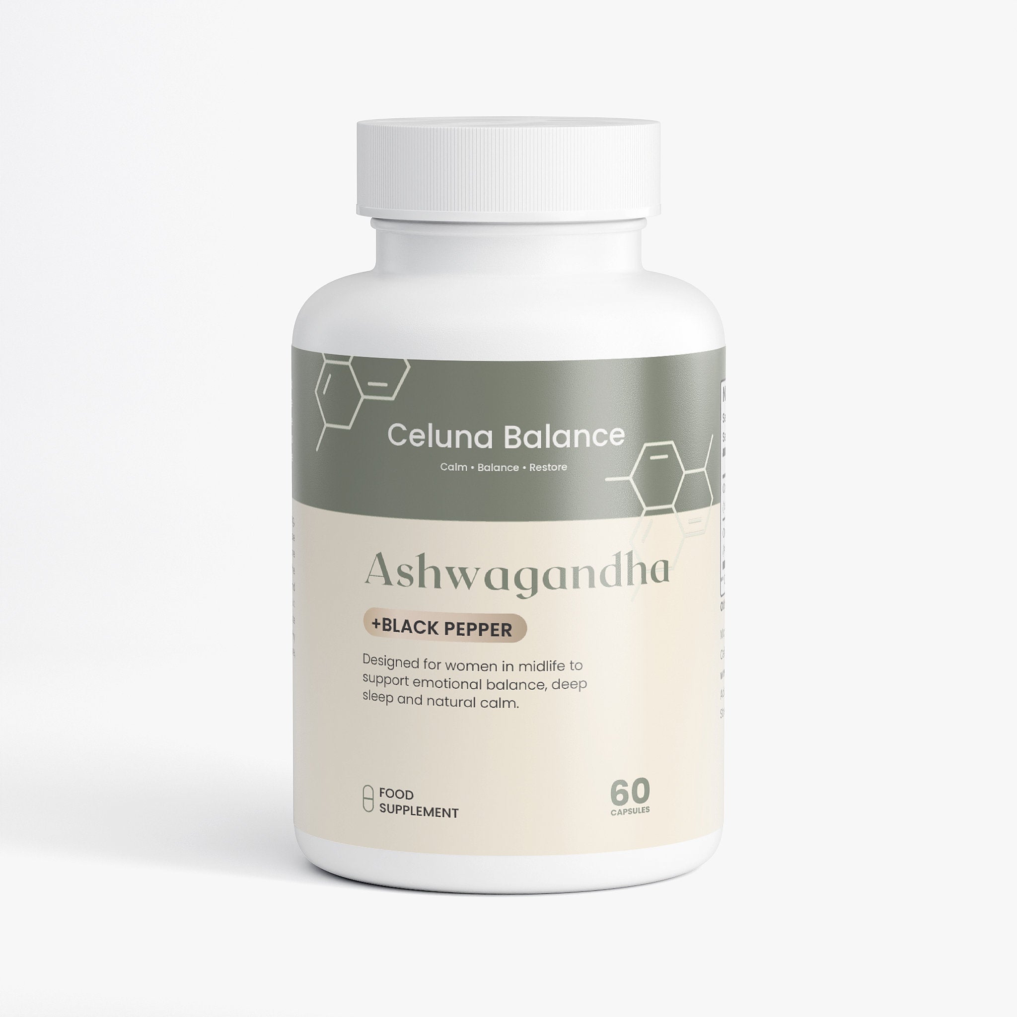 Celuna Balance Ashwagandha + Black Pepper supplement for emotional calm, stress support and hormonal balance on a white background