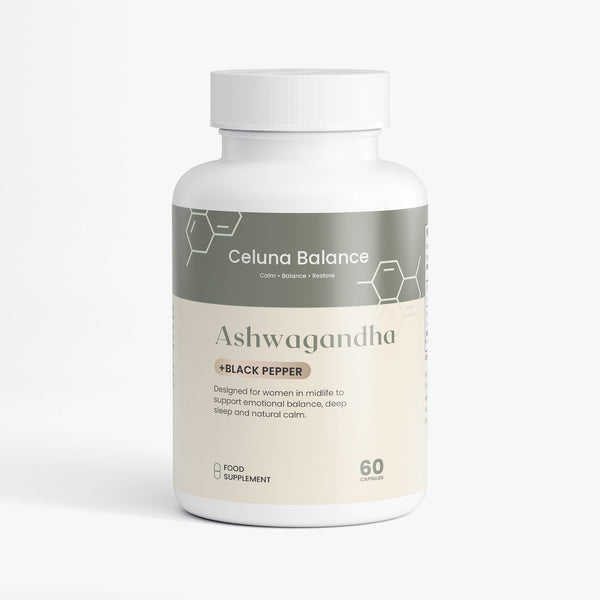 Celuna Balance Ashwagandha + Black Pepper supplement for emotional calm, stress support and hormonal balance on a white background