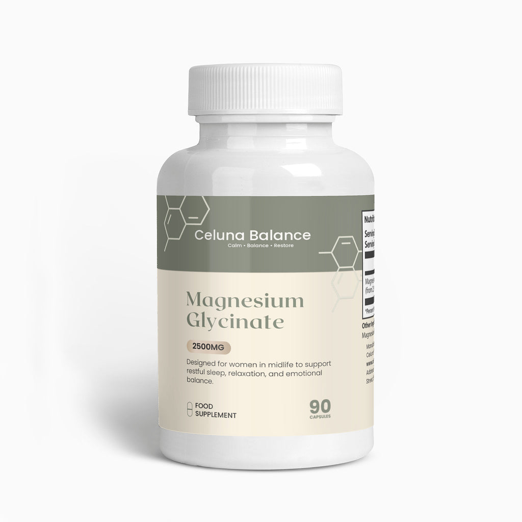 Celuna Balance Magnesium Glycinate supplement for sleep support, relaxation and nervous system balance on a white background