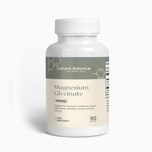 Celuna Balance Magnesium Glycinate supplement for sleep support, relaxation and nervous system balance on a white background