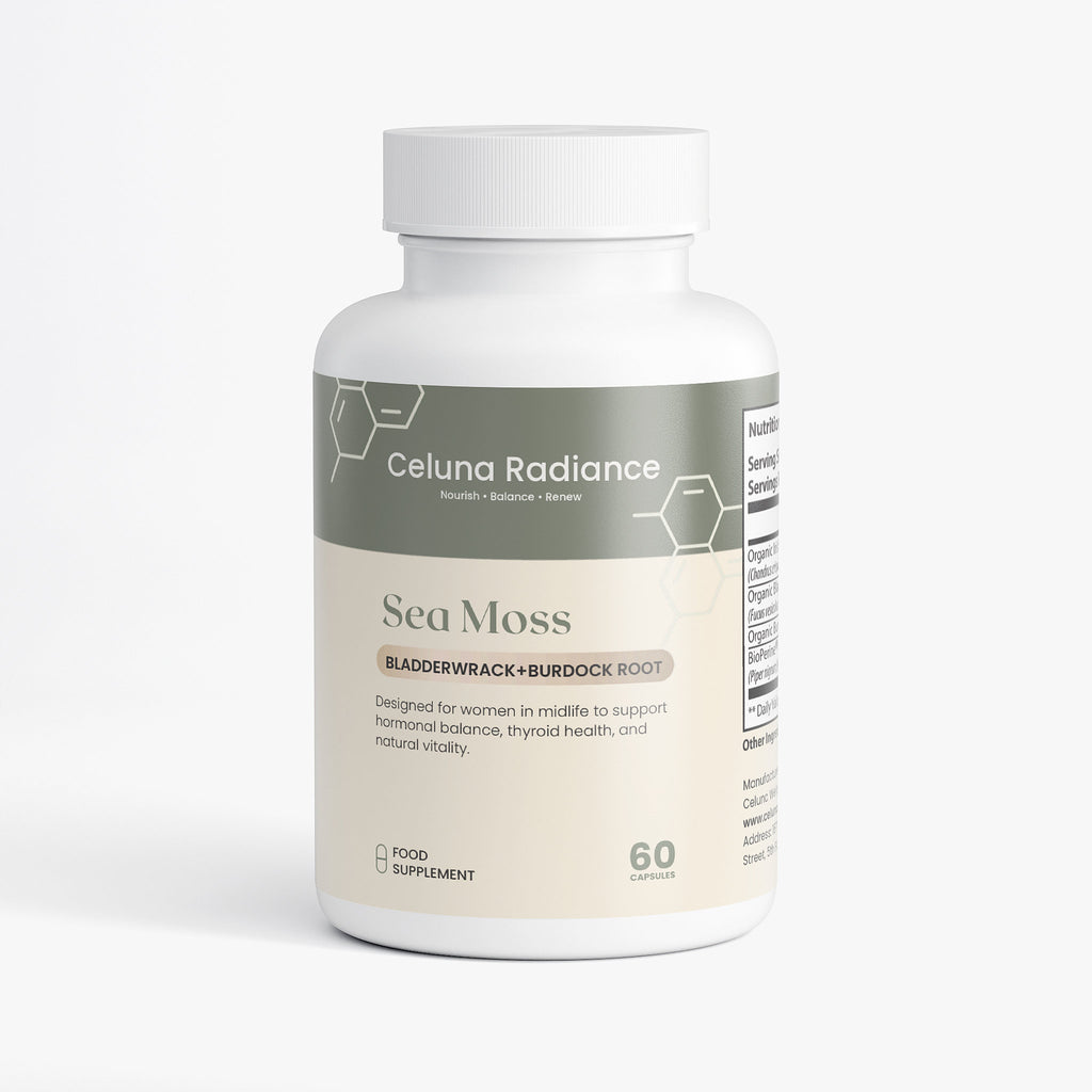 Celuna Radiance Sea Moss supplement with Bladderwrack and burdock root for midlife skin and hormonal balance on a white background. 