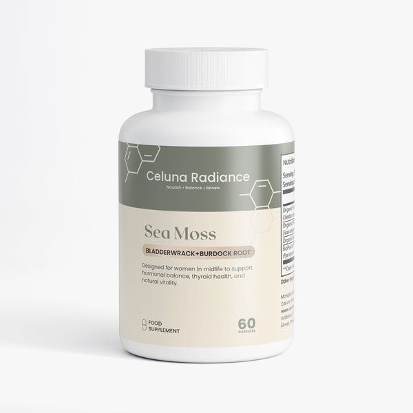 Celuna Radiance Sea Moss supplement with Bladderwrack and burdock root for midlife skin and hormonal balance on a white background. 